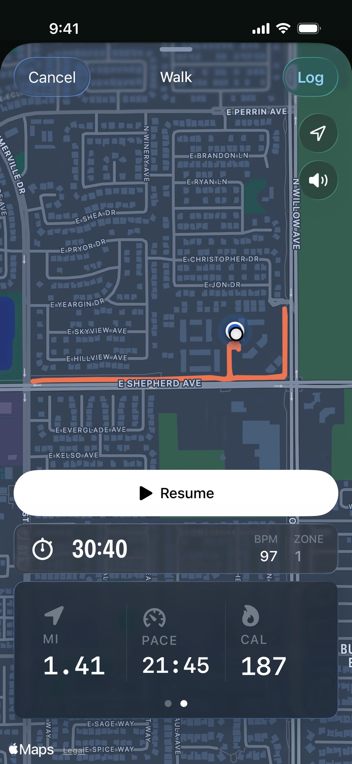 A walk tracked live: the route on the map, 30:40, 1.41 miles, pace and heart rate