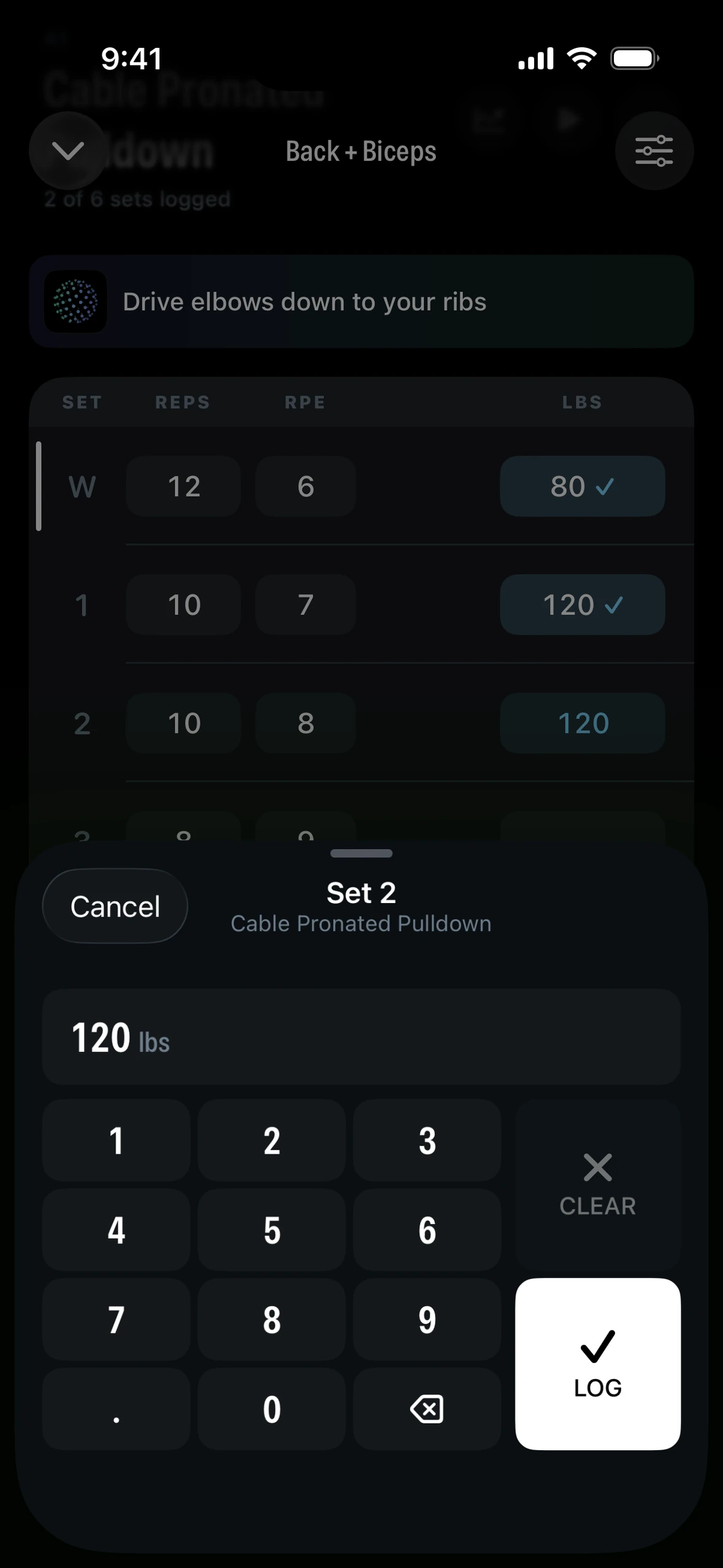 Logging a set on the keypad