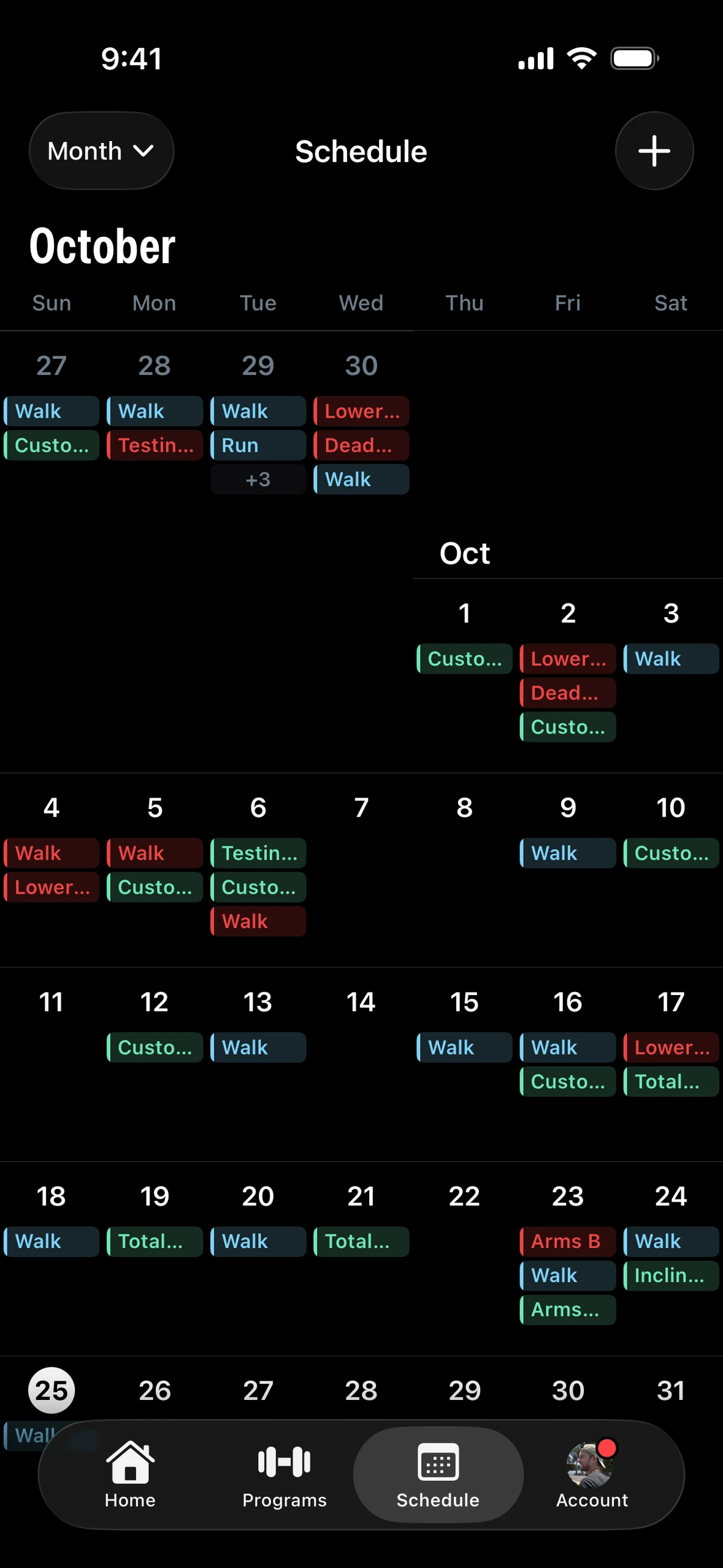 The schedule, month view: walks, runs and workouts on most days of October