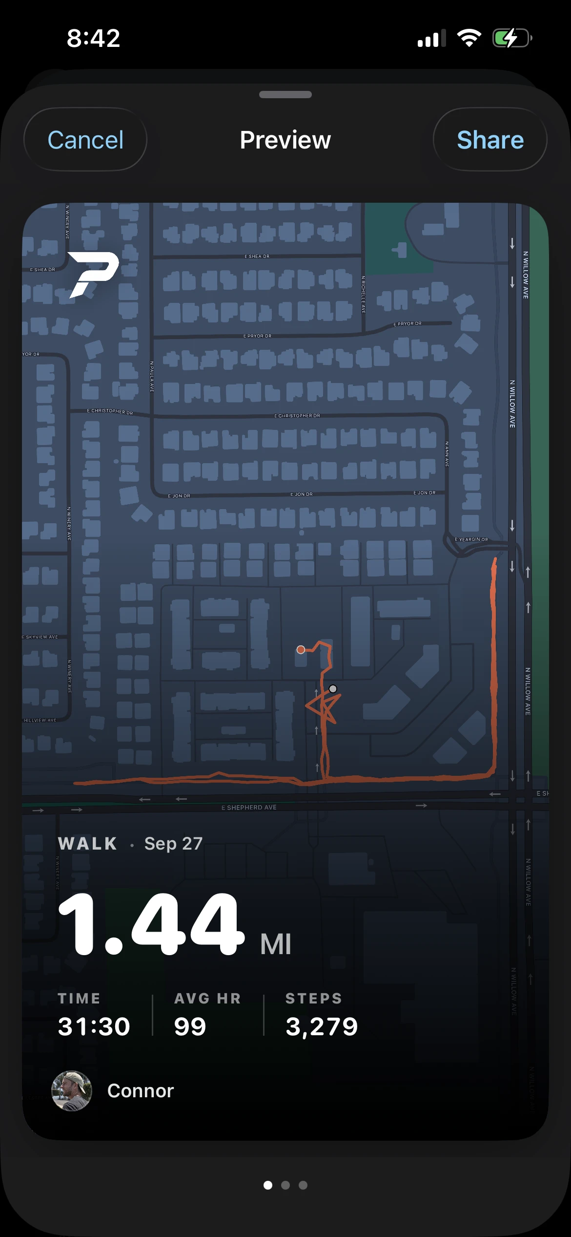 A share card for a walk: the route, distance, time, heart rate and steps
